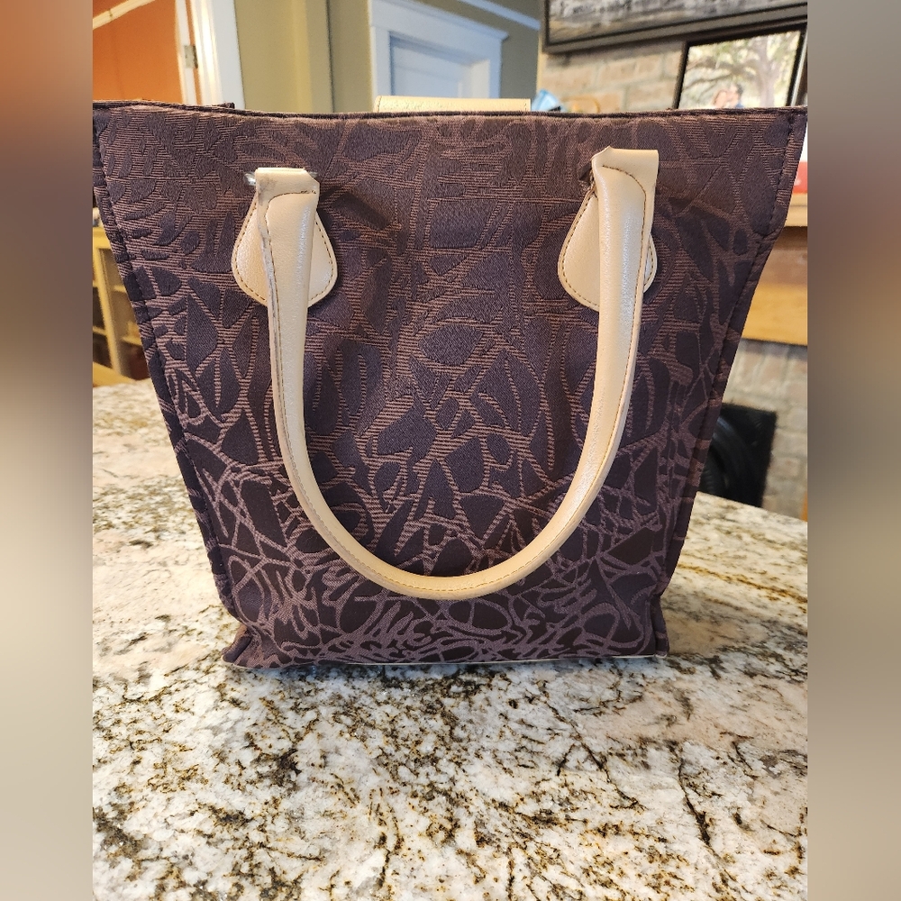 Diane Von Furstenberg Tote Bag Brown Abstract Print Travel EUC Tan Leather Trim